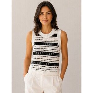 Ann Taylor Summer Stripe Tweed Sweater Shell Tank Ivory Black Sleeveless Large